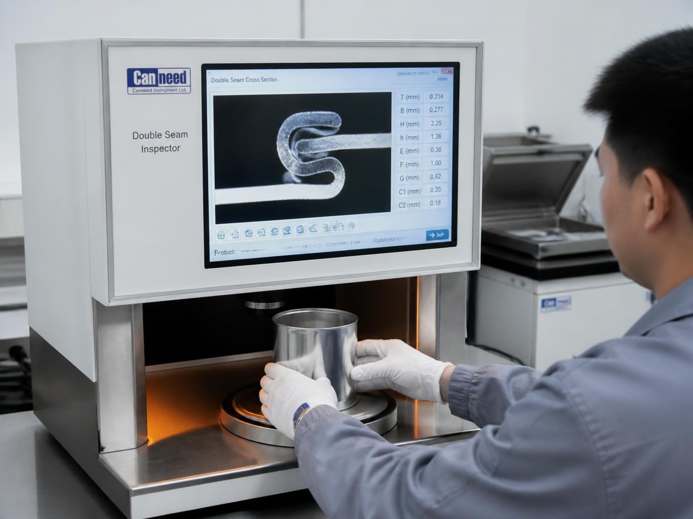 Proyector óptico de doble cierre analizando el engargolado de un envase metálico